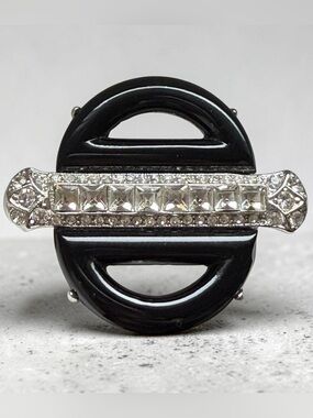 Kenneth Lane Black Faux Onyx and Clear Crystal Art Deco Style Brooch Stunning!